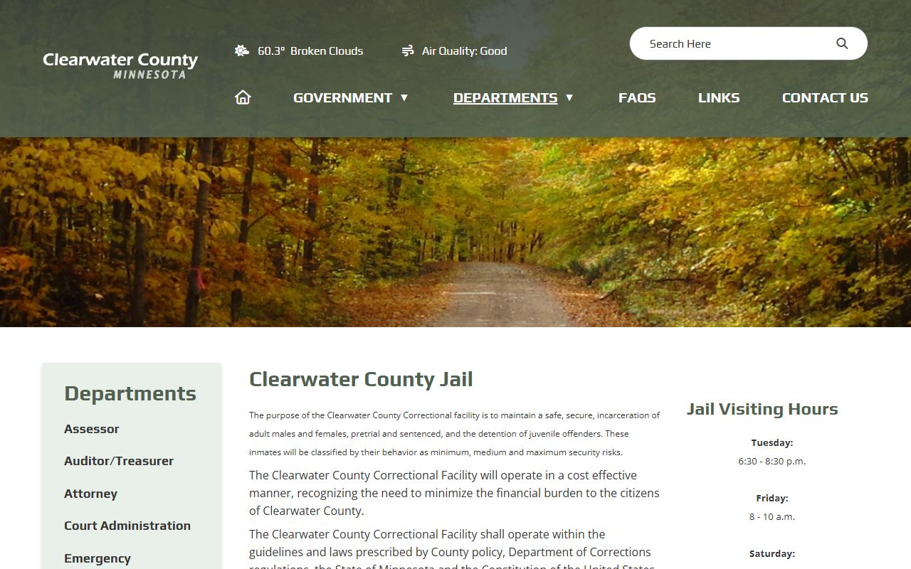 Clearwater County Jail facility page with inmate lookup visitation mail phone and deposit information