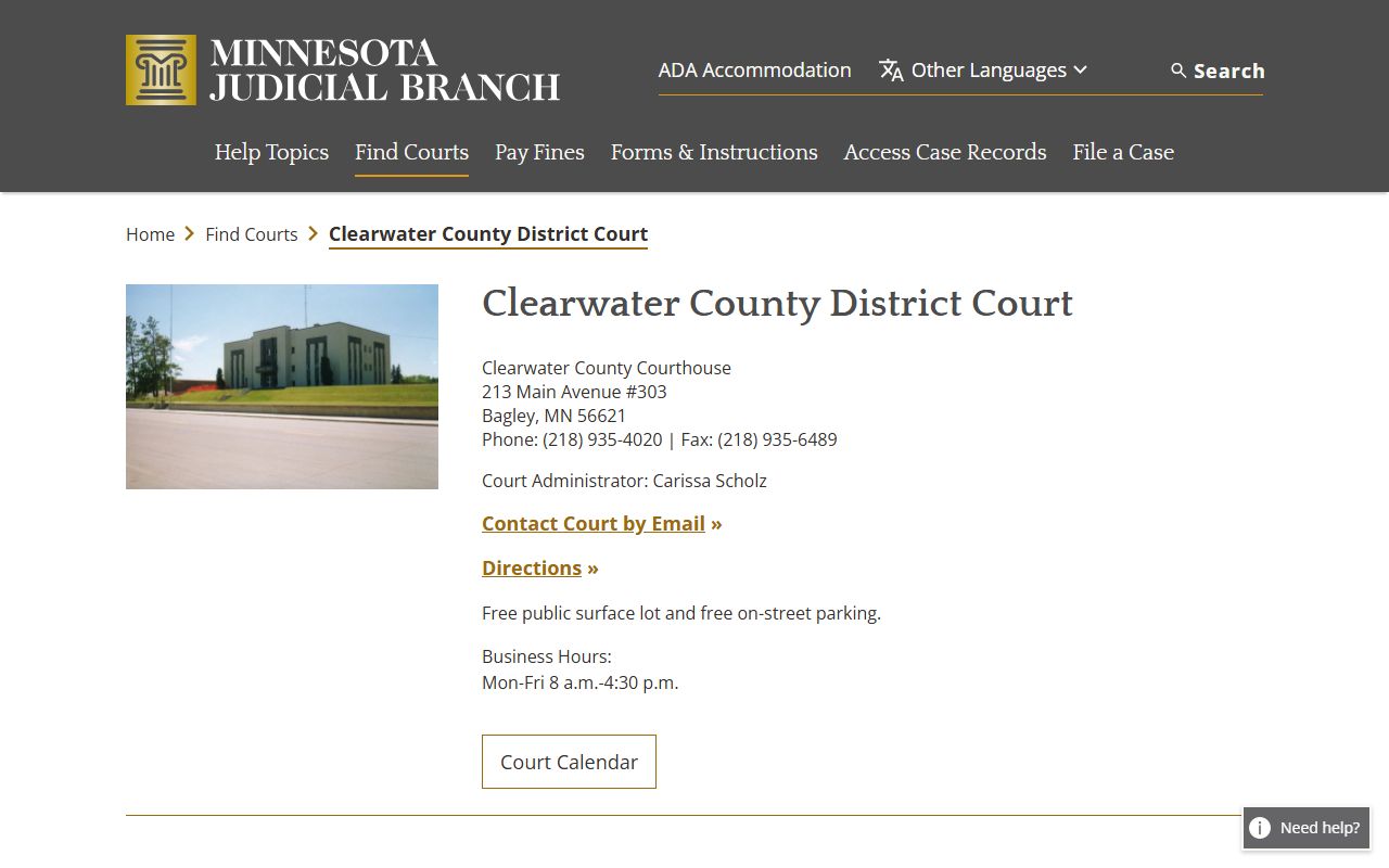 Clearwater County District Court page with court address, hours, and calendar links