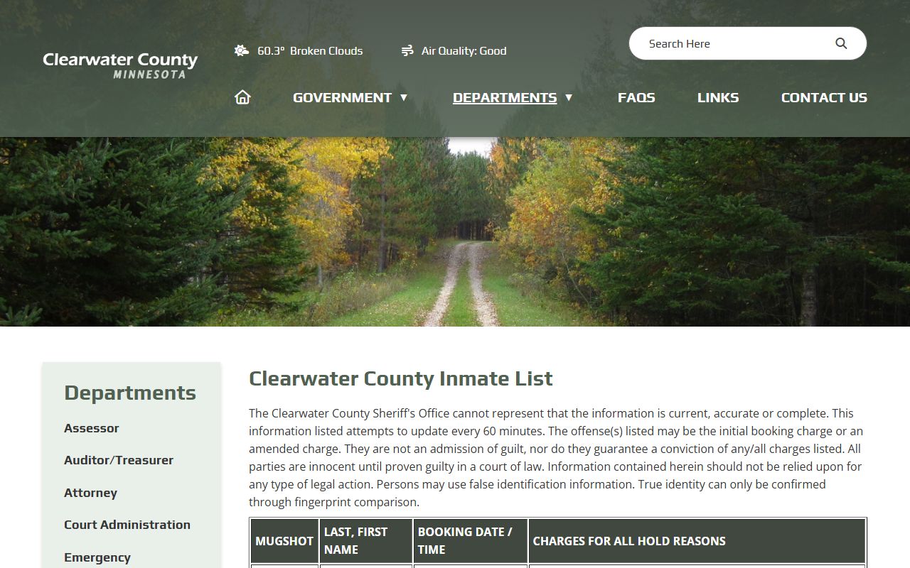 Clearwater County inmate population roster with mugshot name booking and charge columns