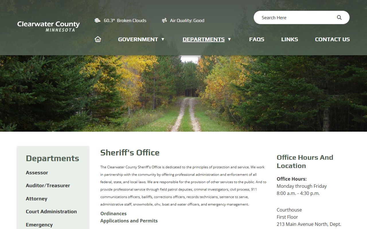 Clearwater County sheriff office contact page for jail inmate records confirmation