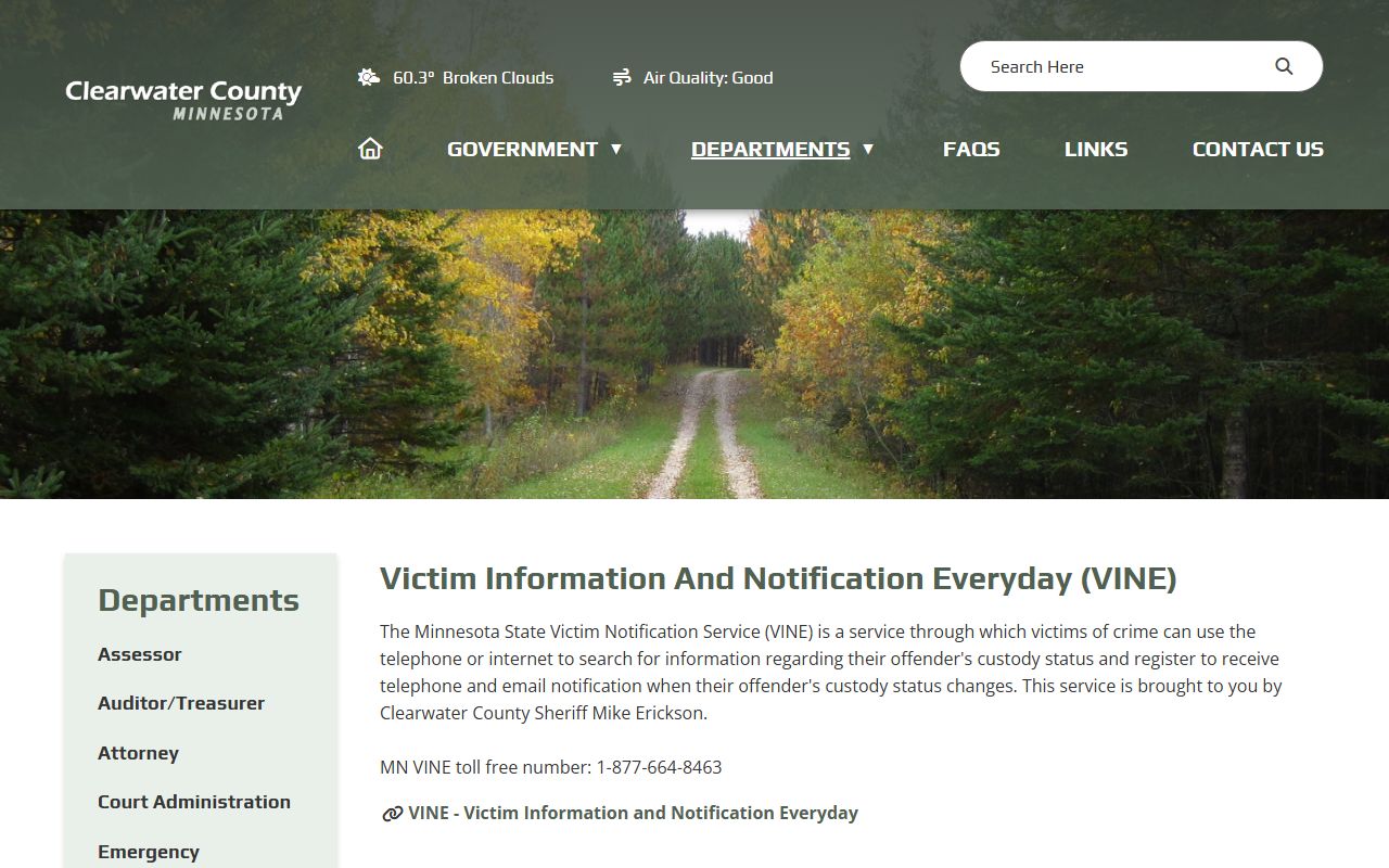 Clearwater County VINE custody notification page for inmate records and status alerts