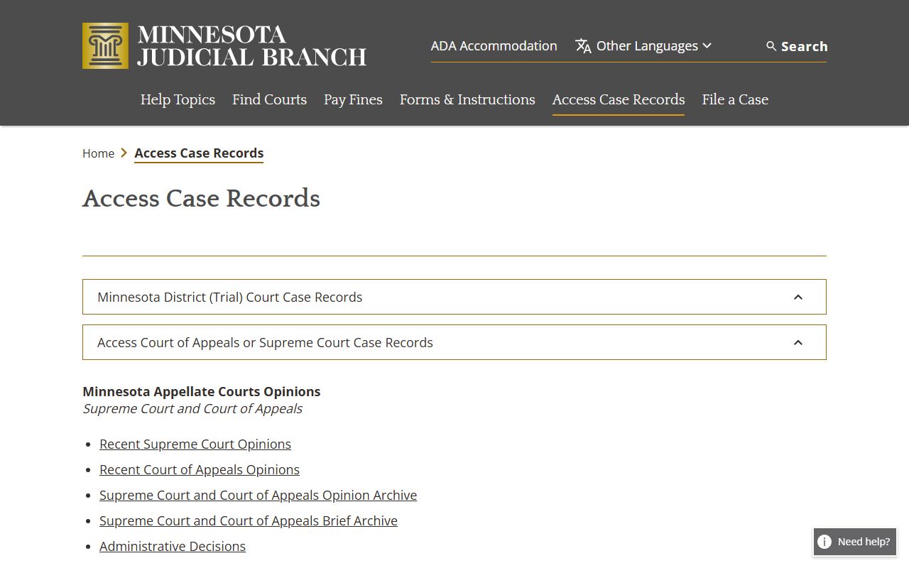 Minnesota Court Records Online and courthouse access information page