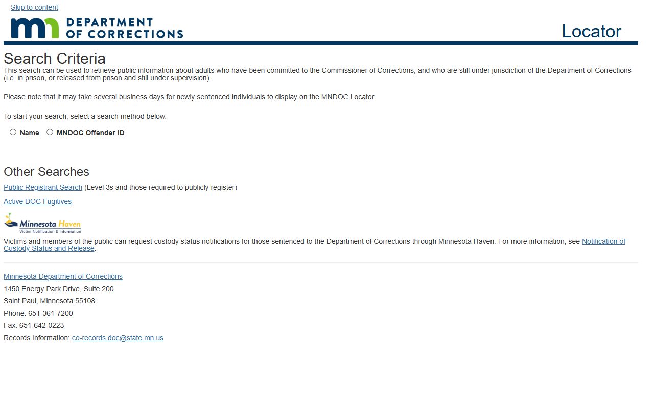Minnesota DOC locator for sentenced prisoners separate from Clearwater County inmate records